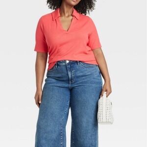 AVA & VIV‎ Women's 2X Coral Ribbed Knit Short Sleeve Collared Top Shirt Casual